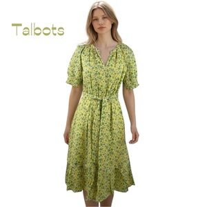 Talbots Yellow Floral Cotton Ruffled Midi Dress Size S